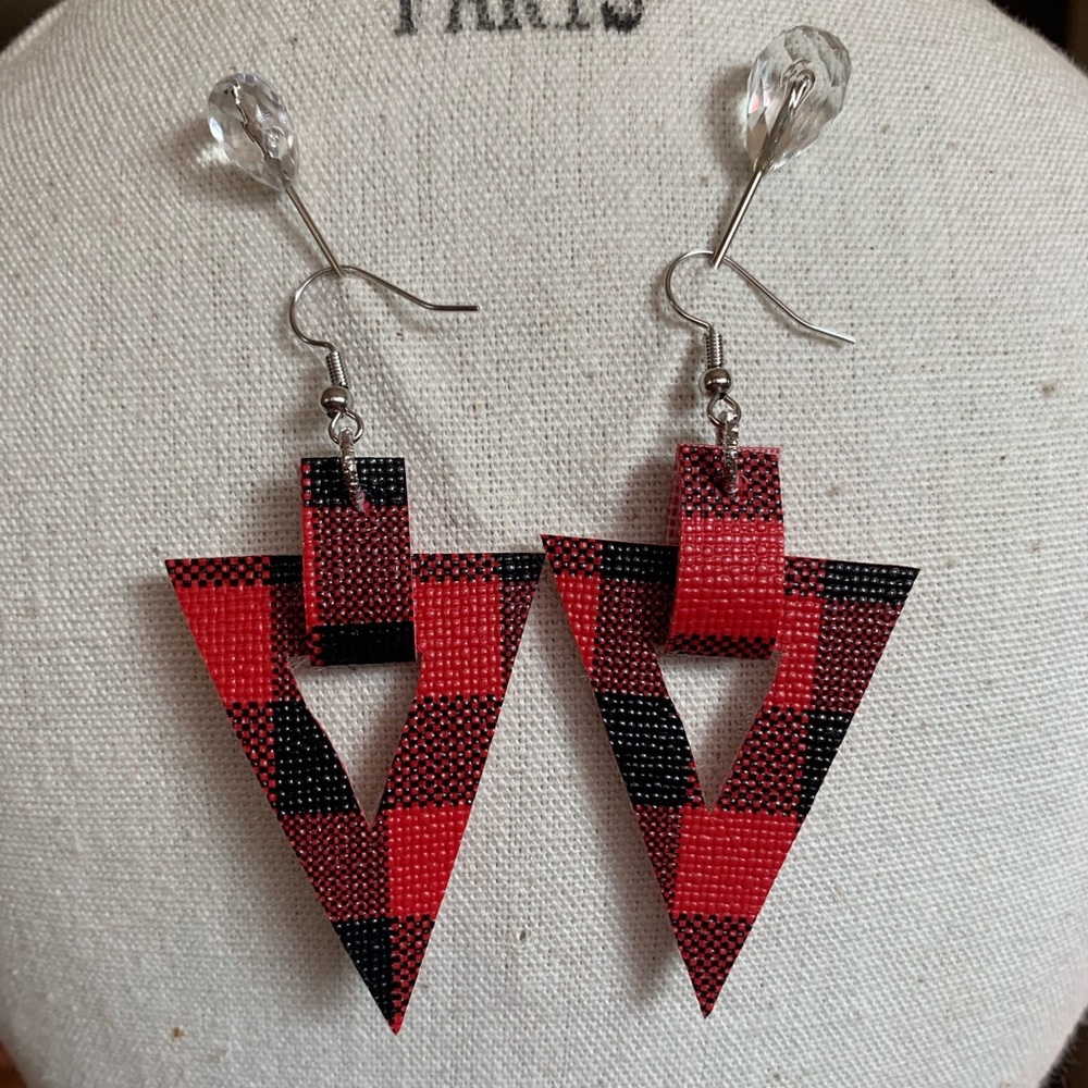 Faux Leather Buffalo Plaid Arrow Earrings
